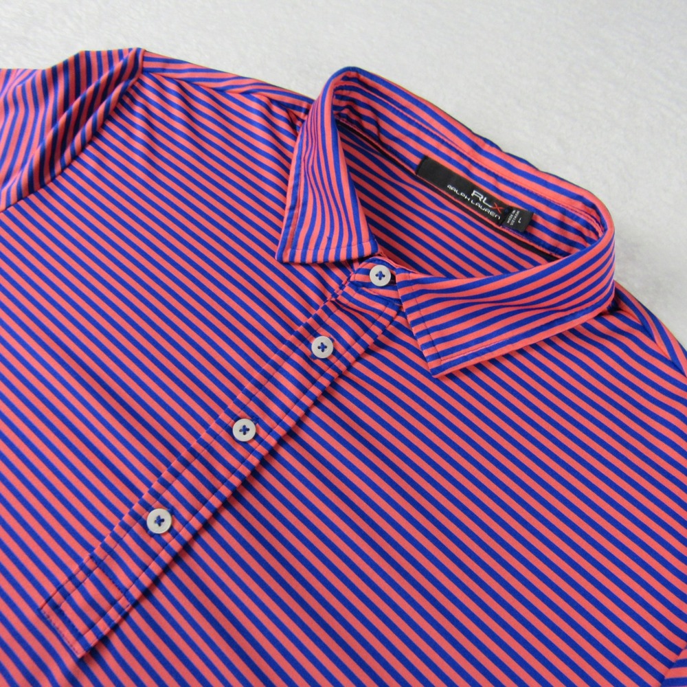 RLX Ralph Lauren Polo Shirt Mens Large Orange Blue‎ Striped Golf Top